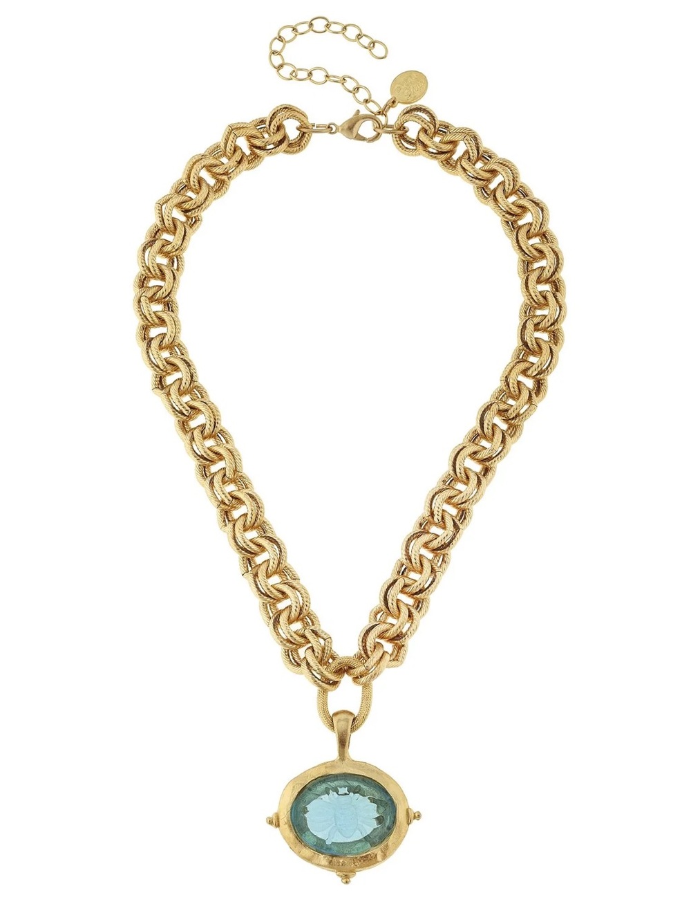 Gold-Tone Statement Necklace with Blue-Green Pendant